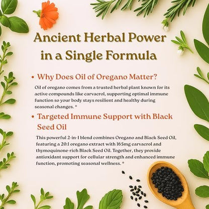 Micro Ingredients Oil of Oregano Softgels, 300 Count | 2 in 1 Formulated with Black Seed Oil, 4X Strength Carvacrol & Thymoquinone | Plant Based, Non-GMO, & Immune Support