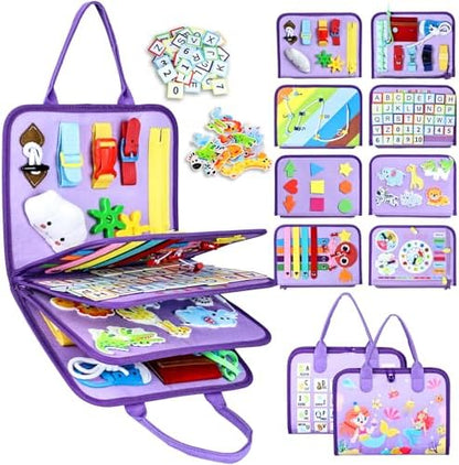 Esjay Toddler Busy Board Montessori Toys for Girls, Sensory Board Educational Activities Learning Fine Motor Skills, Birthday Gifts for Girls Toddlers, Travel Toys for Airplane Car, Purple Merpeople