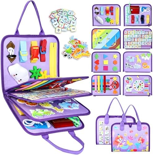 Esjay Toddler Busy Board Montessori Toys for Girls, Sensory Board Educational Activities Learning Fine Motor Skills, Birthday Gifts for Girls Toddlers, Travel Toys for Airplane Car, Purple Merpeople