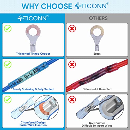 TICONN 500Pcs Heat Shrink Wire Connectors, Waterproof Automotive Marine Electrical Terminals Kit, Crimp Connector Assortment, Ring Fork Spade Butt Splices