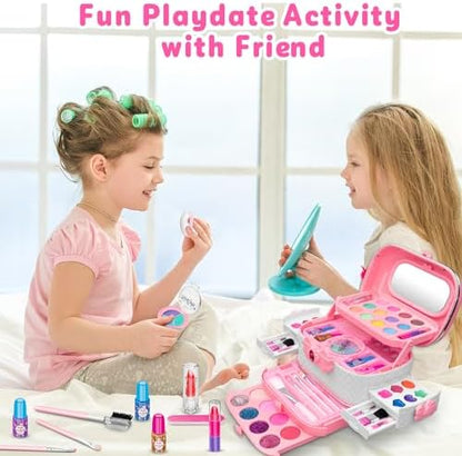 Hollyhi 58 Pcs Kids Makeup Kit for Girl, Princess Toys Real Washable Cosmetic Set with Mirror, Kids Makeup Sets for Girls, Play Make Up Birthday Gifts for 3 4 5 6 7 8 9 10 11 12 Years Old Kid (Pink)