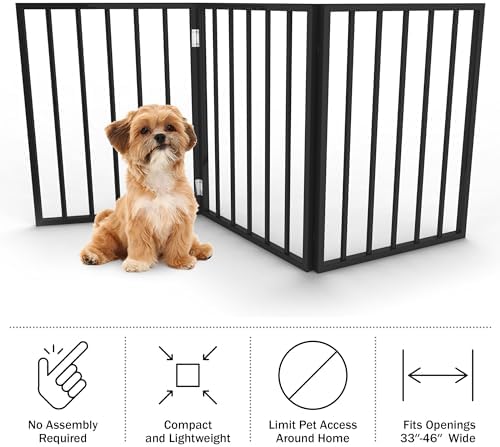 Pet Gate - 3-Panel Indoor Foldable Dog Fence for Stairs, Hallways, or Doorways - 54x24-Inch Wood Freestanding Dog Gates by PETMAKER (Black)