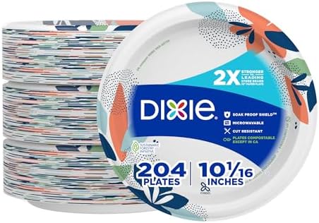 Dixie Large Paper Plates, 10 Inch, 204 Count, 2X Stronger*, Microwave-Safe, Soak-Proof, Cut Resistant, Disposable Plates For Everyday Breakfast, Lunch, & Dinner Meals