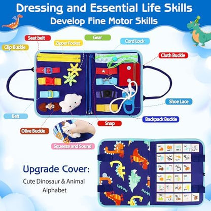 Esjay Toddler Busy Board Montessori Toys for Boys, Sensory Board Educational Activities for Learning Fine Motor Skills, Birthday Gifts for Boys Toddlers, Travel Toys for Airplane Car, Blue Dinosaur