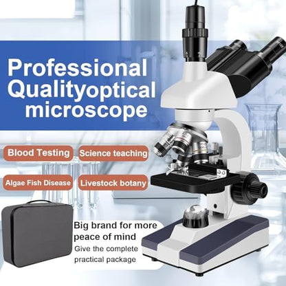 Trinocular Microscope 40X-5000X Magnification Microscope for Adults, Laboratory Grade with Dual Mechanical Stage and HD USB Camera