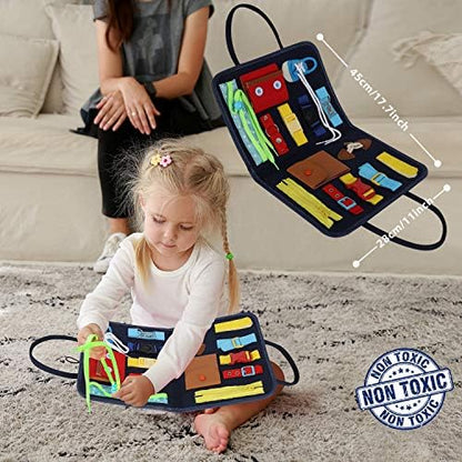 Esjay Toddler Busy Board, Sensory Board for Fine Motor Skill, Montessori Toys Educational Learning Toddler Activities for 3+ Year Old, Travel Car Airplane Toys Gifts for Boys Girls,Blue Alphabet