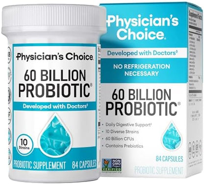 Physician's CHOICE Probiotics 60 Billion CFU - 10 Strains + Organic Prebiotics - Immune, Digestive & Gut Health - Supports Occasional Constipation, Diarrhea, Gas & Bloating - for Women & Men - 84ct