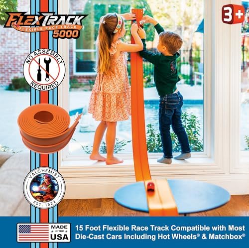 FlexTrack 5000 Flexible Race Car Track for Kids Toy with Suction Cups Compatible with Hot Wheels and Diecast 1/64th Cars and More 15 Feet Long Rolls Up Portable Racetrack (Blazing Orange)