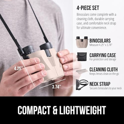 GORILLA GRIP 10x25 Compact Binoculars for Adults with Strap, Superior High Powered Clear 10X Magnification, Lightweight, Bird Watching, Hunting, Stargazing, Adjustable Eye Cups, Khaki