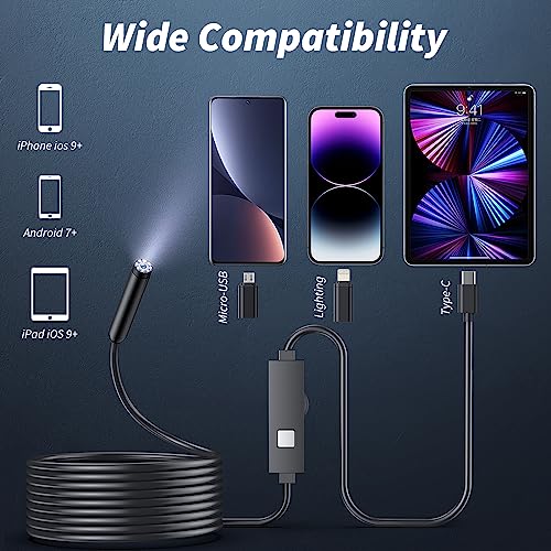 Endoscope Camera with Light,1920P HD Borescope Tools with 8 Adjustable LED Lights, Endoscope with Semi-Rigid Snake Camera, Inspection Borescope for iOS and Android-16.4ft Single Lens