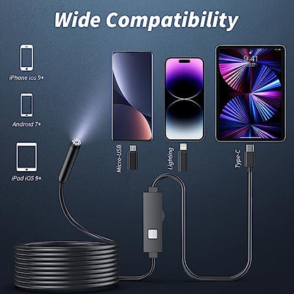 Endoscope Camera with Light,1920P HD Borescope Tools with 8 Adjustable LED Lights, Endoscope with Semi-Rigid Snake Camera, Inspection Borescope for iOS and Android-16.4ft Single Lens