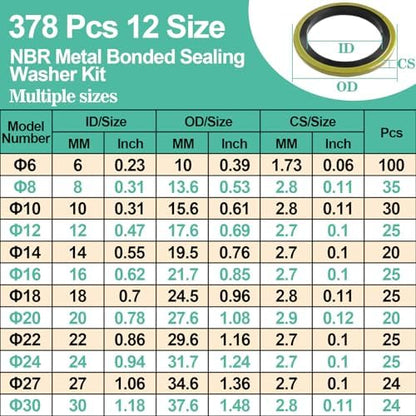 378 Pcs NBR Metal Bonded Sealing Washer Assortment Kit M6 M8 M10 M12 M14 M16 M18 M20 M22 M24 M27 M30 Automotive Self-Centred Seal Gasket Repair Set