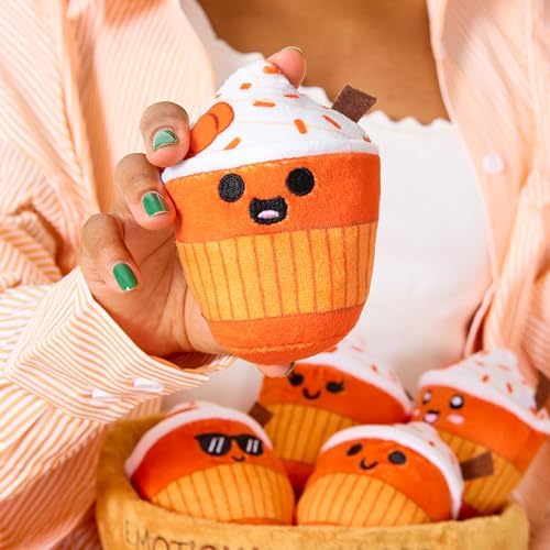 Emotional Support Lattes by Relatable, Fall Plushies Stuffed Animal Toy, Perfect Small Gift for Coffee Lovers, Gift Baskets, and Loved Ones of All Ages, Includes 5 Fall Plushies with Carrying Basket
