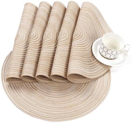 SHACOS 15 inch Round Braided Placemats Set of 6 Non Slip Heat Resistant Cotton Polyester Table Mats Washable Place Mats for Dinner Party Table Decoration (Beige, 6)