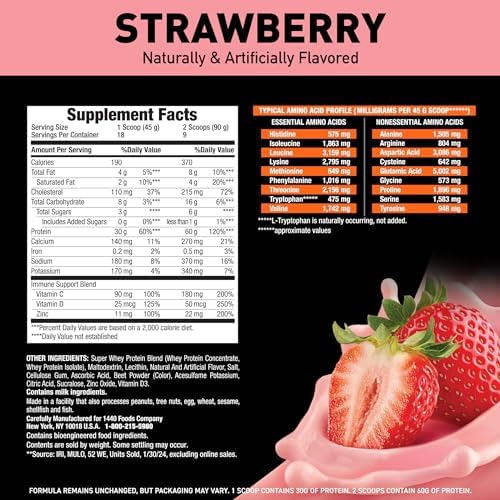 Body Fortress Super Advanced Whey Protein Powder, Strawberry, Immune Support (1), Vitamins C & D Plus Zinc, 1.78 lbs