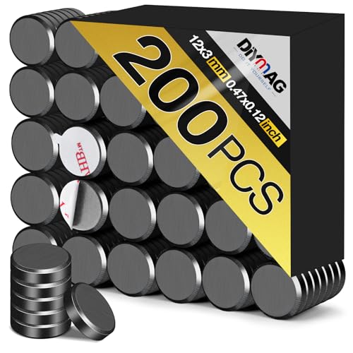 DIYMAG Strong Magnets 200Pcs 0.47x0.12Inch Fridge Refrigerator Magnet for Crafts with Adhesive Backing Magnetic Small Black Button Ceramic Circle Craft Round Heavy Duty Adhesive Neodymium Whiteboard