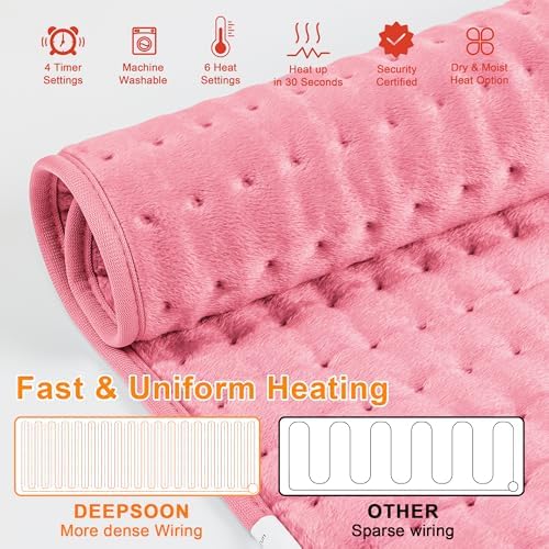 Heating Pad,Electric Heating Pads for Back,Hot Heated Pad for Abdomen,Shoulder,Knee,Multiple Temp and Auto Shut Off(Baby Pink,12''×24'')