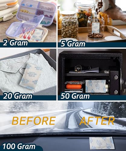 Premium 20 Gram 50 Pcs Desiccant Silica Gel Packets with Color Indicating - Rechargeable Moisture Absorbers for Food Grade Silica Packets for Foods, Seeds, 3D Filaments, Electronics, Safes