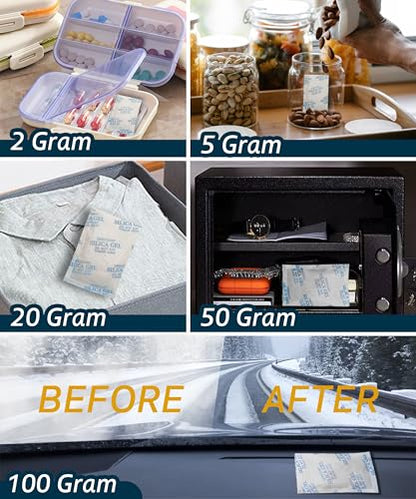 100 Gram 15 Pcs (Color-Indicating) Silica Gel Packets, Premium Food Grade Desiccant, Rechargeable Moisture Absorbers for Car, Storage Bins, Suitcase, Safe, 3D Filaments, Electronics