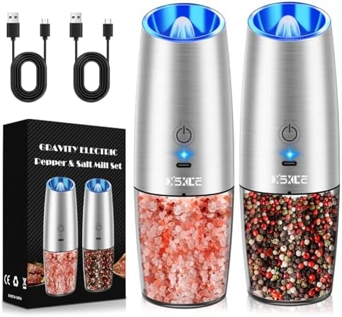 Rechargeable Electric Pepper and Salt Grinder Set, No Battery Needed, whit Gravity Sensing Switch and LED Light, One Hand Automatic Operation, Sliver 2 Pack