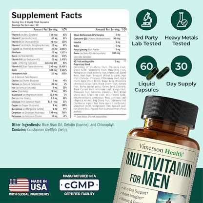Multivitamin for Men – Essential Mens Multivitamins & Multiminerals 60 Liquid Capsules with Vitamin B12, A, D, C, Zinc, Magnesium & More for Total Body Wellness – 29 Key Nutrients & Vitamins for Men