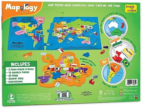 Imagimake Mapology World Map Puzzle - Includes Country Flags & Capitals | Fun Jigsaw Puzzle Kids Ages 5-8 | Educational Toys for Ages 8-13 | Geography Gifts for Girls & Boys 5, 6, 7, 8, 9, 10, 11, 12