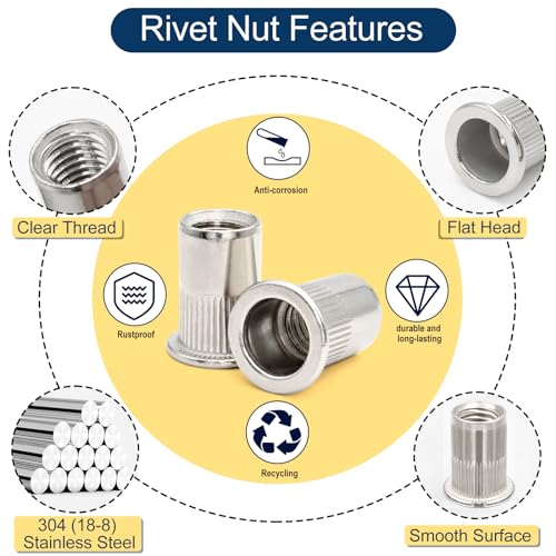 Metric 304 Stainless Steel Rivet Nut Assortment Kit(218 Pcs),M3 M4 M5 M6 M8 M10 Flat Head Rivnut Set,Rivnut Threaded Insert Nut