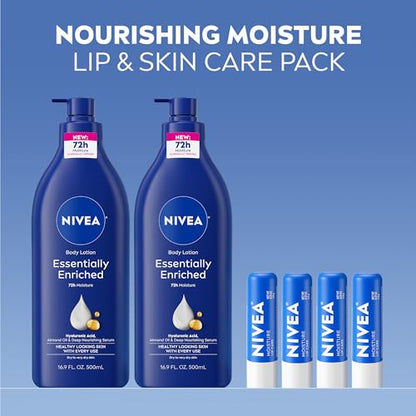NIVEA Skin Care Set, Essentially Enriched Body Lotion Pack (2 x 16.9 Fl Oz) + Moisture Lip Care Lip Balm Set (4 x 0.17 Oz), Dermatologically Tested for Skin Compatibility
