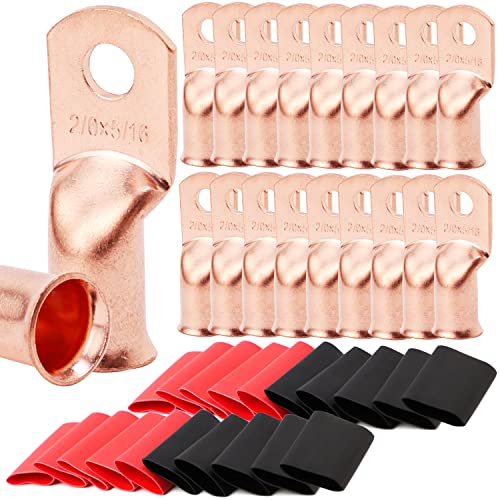 TKDMR 20pcs 2/0 AWG-5/16 Battery Lugs,Heavy Duty Wire Lugs,Ring Terminals,Battery Cable Ends,0 Guage terminals,Battery Terminal Connectors with 20pcs 3:1 Heat Shrink Tubing