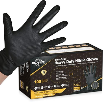TitanFlex Thor Grip Heavy Duty Black Industrial Nitrile Gloves with Raised Diamond Texture, 8-mil, Latex Free