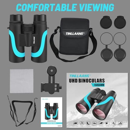 15x55 HD Binoculars for Adults – High Powered Large View, BAK4 Prism, Waterproof & Lightweight for Bird Watching, Hiking, Travel, Cruise, Sports with Phone Adapter (Blue)