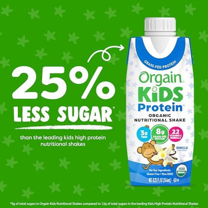 Orgain Organic Kids Protein Nutritional Shake, Vanilla - 8g of Protein, 22 Vitamins & Minerals, Fruits & Vegetables, Gluten Free, Soy Free, Non-GMO, 8.25 Oz, 12 Ct (Packaging May Vary)