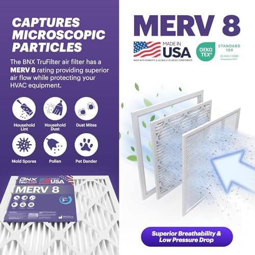 BNX TruFilter 16x24x1 Air Filter MERV 8 (6-Pack) - MADE IN USA – Dust & Pet Defense Pleated Air Conditioner HVAC AC Furnace Filters for Dust, Pet, Mold, Pollen MPR 600 – 700 & FPR 5