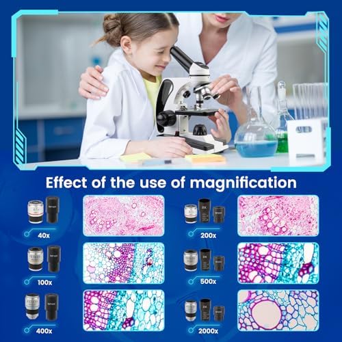 Microscope for Adults Kids 40X-2000X Compound Monocular Microscope for Students School Laboratory Home Education with Slides Set Phone Adapter
