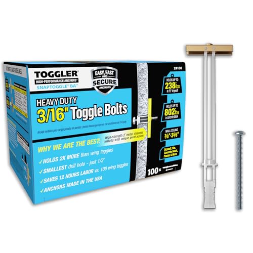 TOGGLER SNAPTOGGLE Heavy-Duty Drywall Toggle Bolt – 3/16"-24 UNC Zinc-Plated Anchor for Hollow Walls, Plaster & Tile – Holds 238 lbs in 1/2" Drywall, Easy Install – 100 Pack (W/Roundhead Bolts)