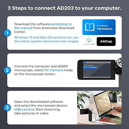 Andonstar AD203 Handheld Digital Microscope, Portable Pocket USB Coin Microscope with 4 inch Screen for Kids and Adults, Black, Electronic FHD Video, Windows Mac PC