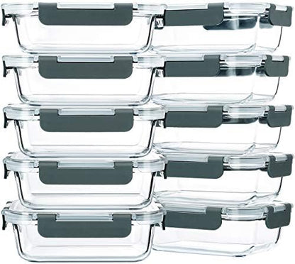M MCIRCO 10-Pack,22 Oz Glass Meal Prep Containers,Glass Food Storage Containers with lids,Glass Lunch Containers,Microwave, Oven, Freezer and Dishwasher (Gray)