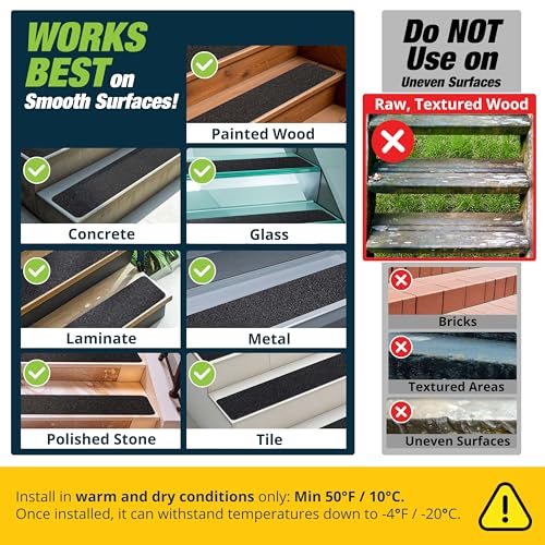 Outdoor Stair Treads Non Slip 30" x 6" - 12-Pack Weather Resistant Exterior Grip Tape for Wooden Steps - Non Slip Stair Treads - Anti Skid Strips - Waterproof 80-Grit Adhesive Treads by Thunder Grip