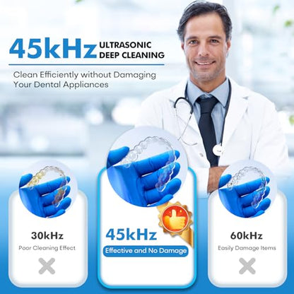 Upgraded Ultrasonic Retainer Cleaner Machine, 45kHz Ultrasonic Dentures Cleaner for Night Guards, Braces, Aligner, Toothbrush, Jewelry and More, 200ML Capacity, White