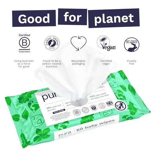 Pura Natural Sensitive Baby Wipes, 99% Water, Unscented & Hypoallergenic, Suitable for Sensitive & Eczema-prone Skin, Hypoallergenic, EWG Verified, 10 Pack of 60 Wet Wipes (600 Diaper Wipes) Bulk Buy