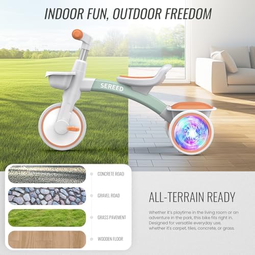 SEREED Colorful Lighting Toddler Tricycle for 2-5 Years Old Boys Girls, Adjustable Seat&Handlebar Trike, Removable Basket, Birthday Gift Idea for Kids Ages 2+ (Green)