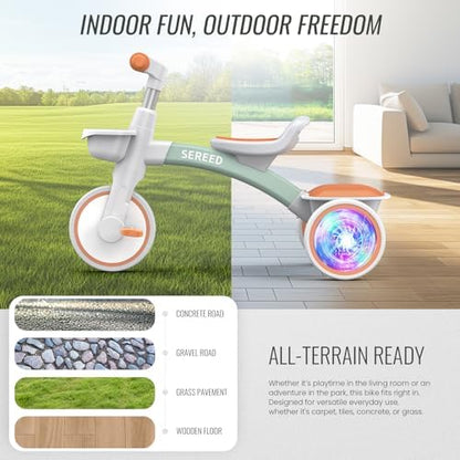 SEREED Colorful Lighting Toddler Tricycle for 2-5 Years Old Boys Girls, Adjustable Seat&Handlebar Trike, Removable Basket, Birthday Gift Idea for Kids Ages 2+ (Green)