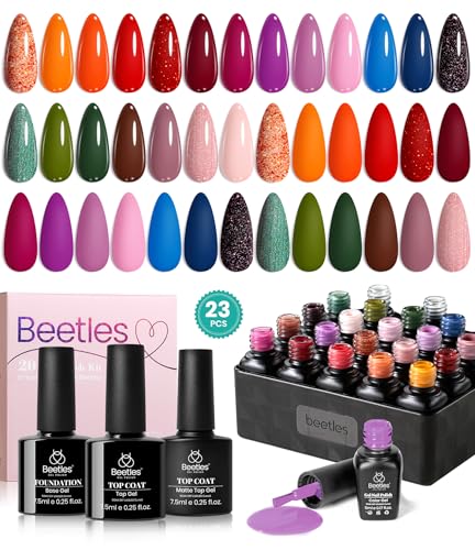 Beetles Fall Gel Nail Polish Set - Fall Yard Gel Polish Kit, 20 Color Orange Burgundy Red Navy Blue Glitter, Soak Off LED UV with Gel Base and Top Coat Nail Art Manicure Gift for Women