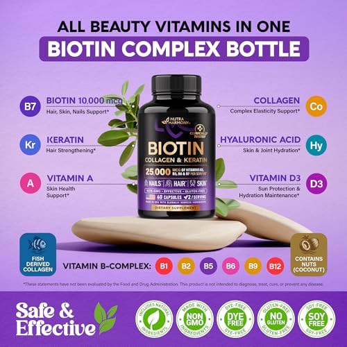 Biotin | Collagen | Keratin - Clinically Tested Supplement - Hair Growth Support, Skin & Nails - 25000 mcg Vitamins B2, B3, B6 & B7 + B1 & Hyaluronic Acid - Made in USA - Women & Men | 60 Capsules