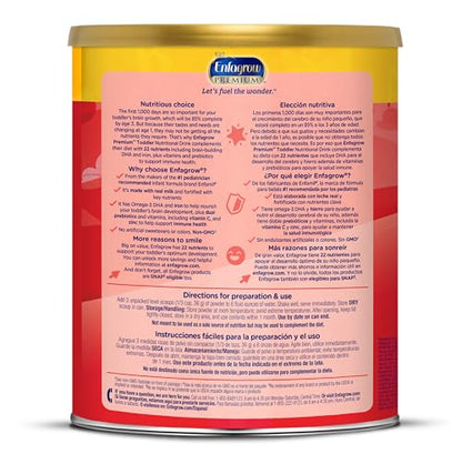 Enfagrow Premium Toddler Nutritional Drink, Made with Real Milk, Brain-Building Omega-3 DHA, Nutrients and Prebiotics for Growth & Immune Support, Non-GMO, Toddler Milk Powder, 32 Oz Can