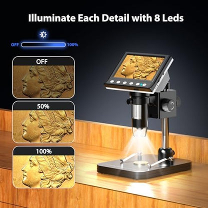 Hayve 4.3'' IPS Coin Microscope, 1000X Magnification Digital Microscope for Adults，Coin Collection Supplies with 8 Adjustable LEDs，Windows Compatible，32GB TF Card