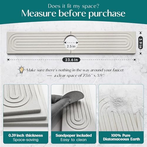 Stone Faucet Mat for Kitchen Sink – Diatomite Drying Stone Mat & Sink Protector, Prevent Moisture – Sink Splash Guard Water-Absorbing Stone Tray for Bathroom Counter [Light Grey,23.6" x 3.9"]