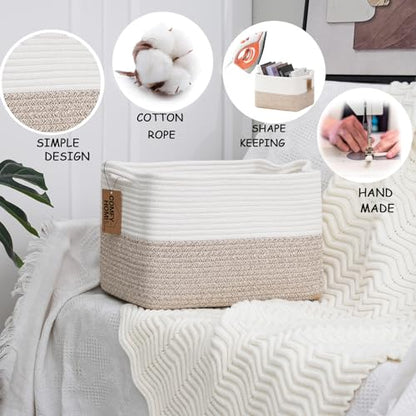 COMFY-HOMI Cotton Rope Woven Basket with Handles for Shelves,Toys,Book, Cloth Storage Baskets for Organizing-13.5" x 11" x 9.5" Toy Decorative Organizer for Living Room, Bathroom （White/Brown）