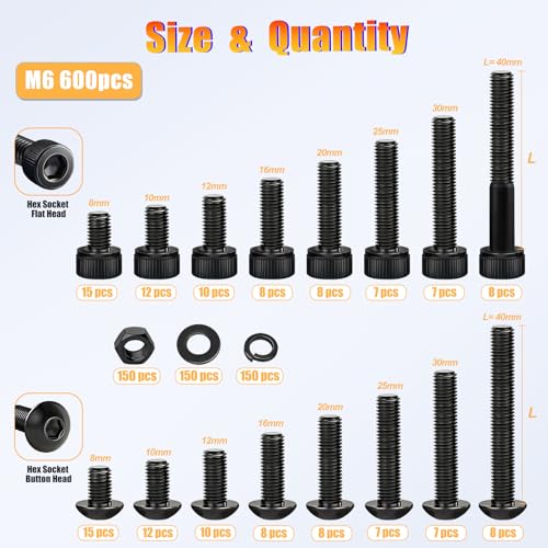 Kadrick Metric Screws Assortment,600 Pcs M6 Screws Nuts Washers Assortment M6x8MM-40MM, Hex Socket Button & Cap Head M6 Machine Bolts Kit, 12.9 & 10.9 Grade Alloy Steel Black