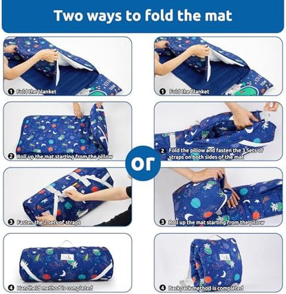 Toddler Nap Mat with Pillow and Blanket, Soft Sleeping Bag for Kids Boys and Girls, Slumber Bags Kids for Preschool, Daycare, Travel, Camping, 54" x 33" Great for Ages 3-6